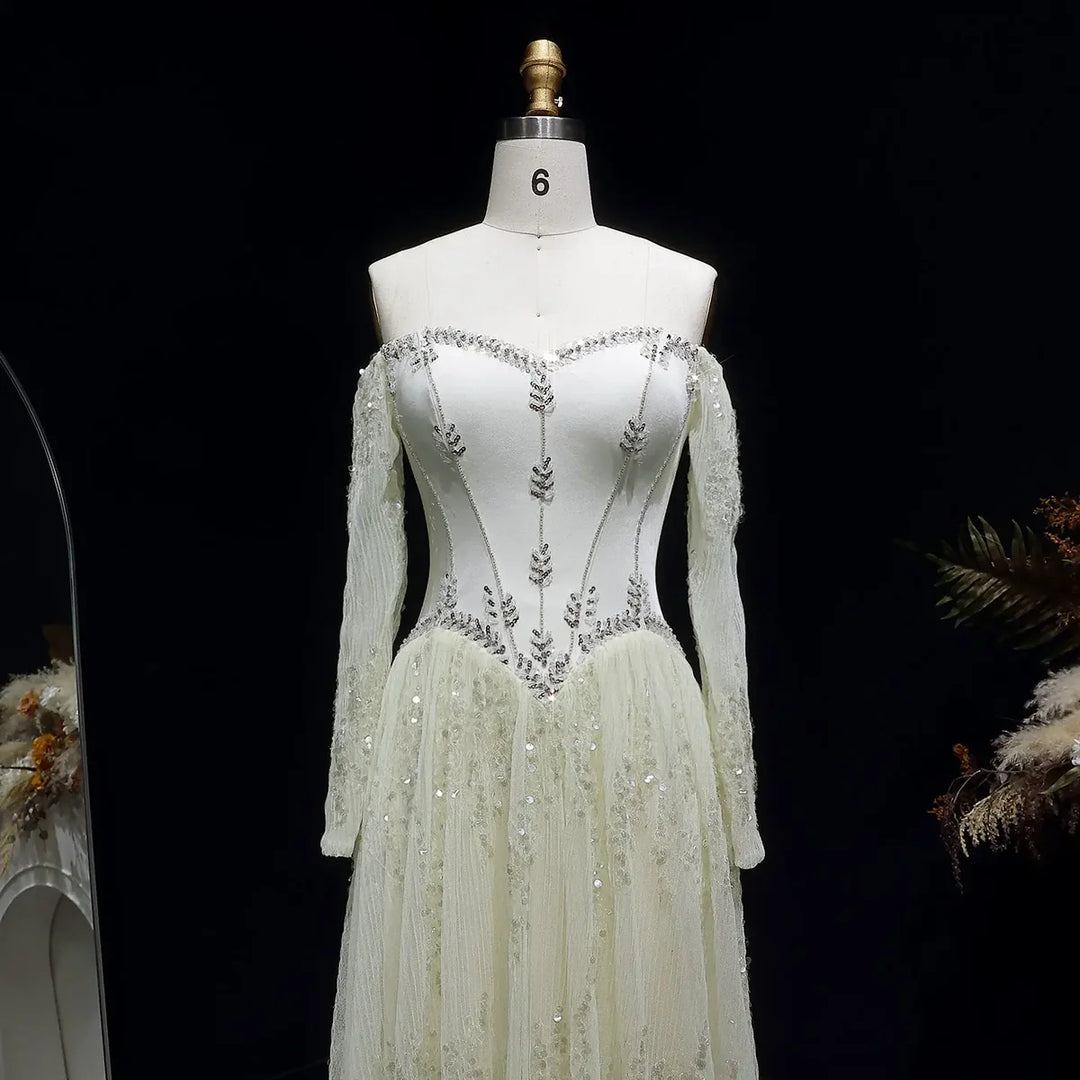 Luxury Beige Crystal Beaded Long Sleeve Evening Dress SS628