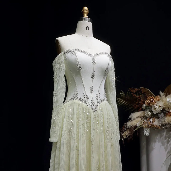 Luxury Beige Crystal Beaded Long Sleeve Evening Dress SS628