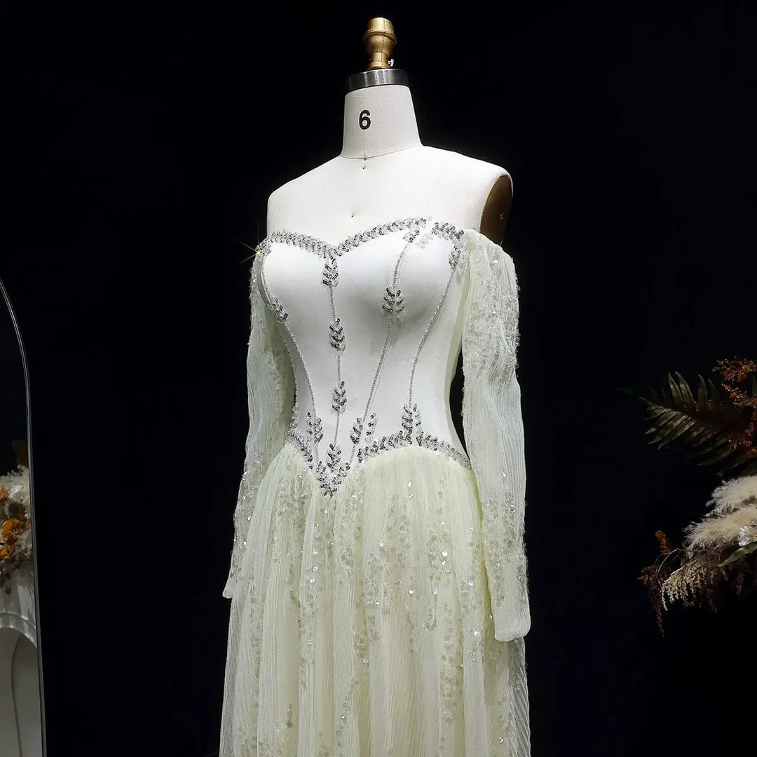 Luxury Beige Crystal Beaded Long Sleeve Evening Dress SS628