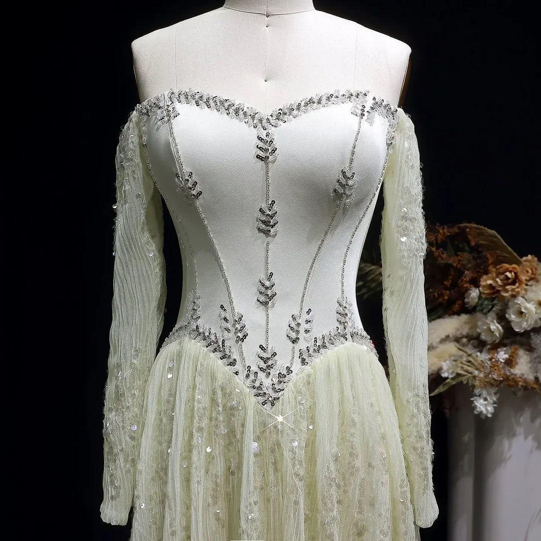 Luxury Beige Crystal Beaded Long Sleeve Evening Dress SS628