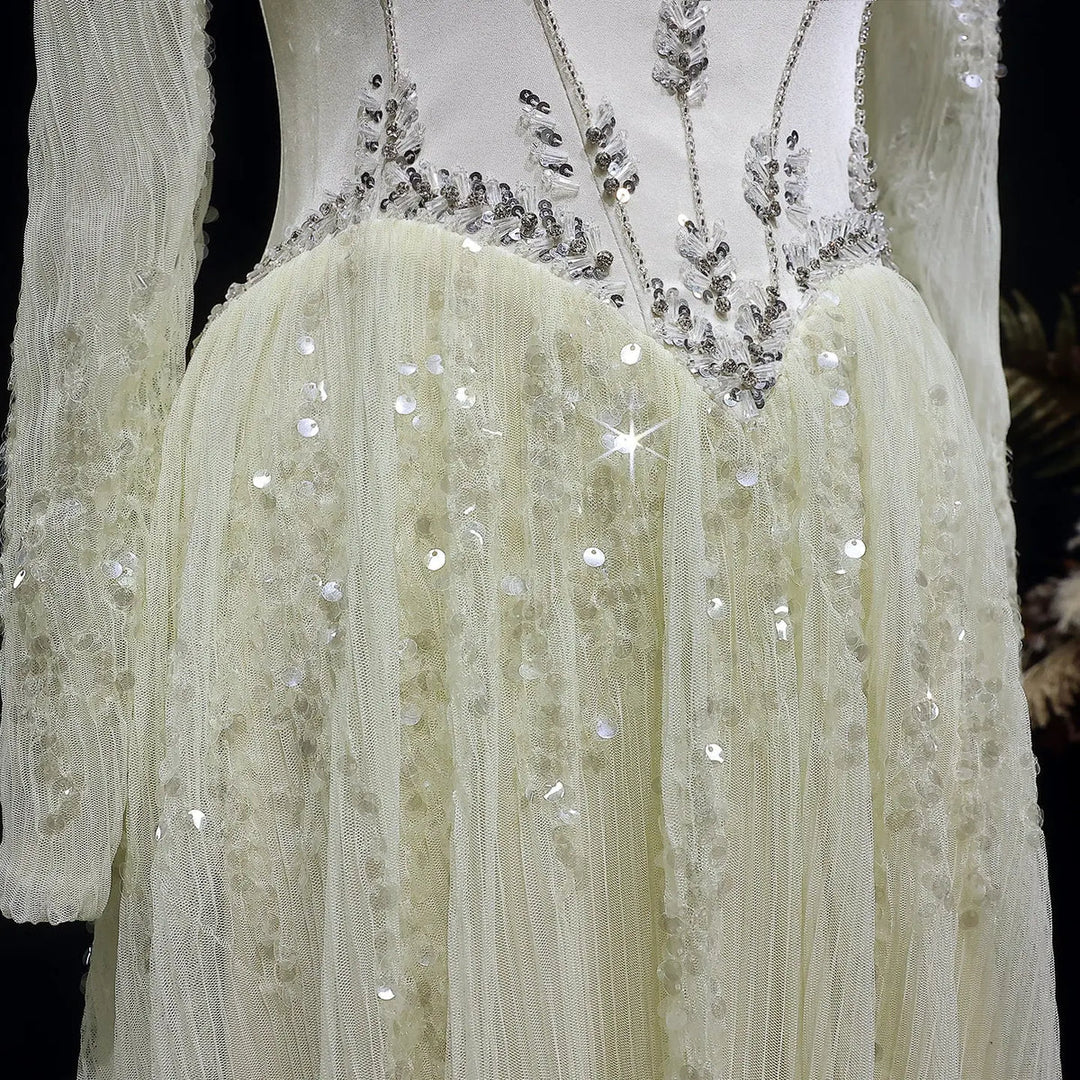 Luxury Beige Crystal Beaded Long Sleeve Evening Dress SS628