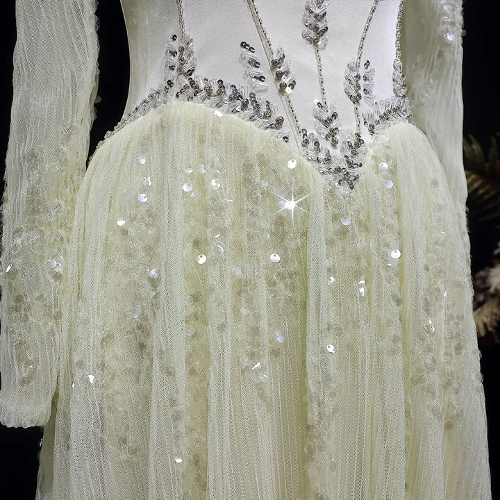 Luxury Beige Crystal Beaded Long Sleeve Evening Dress SS628