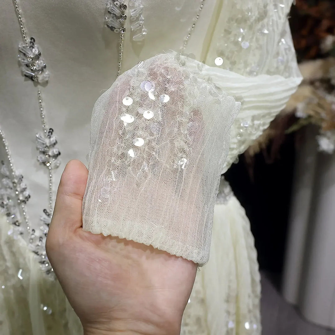 Luxury Beige Crystal Beaded Long Sleeve Evening Dress SS628