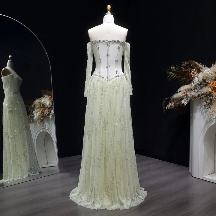 Luxury Beige Crystal Beaded Long Sleeve Evening Dress SS628