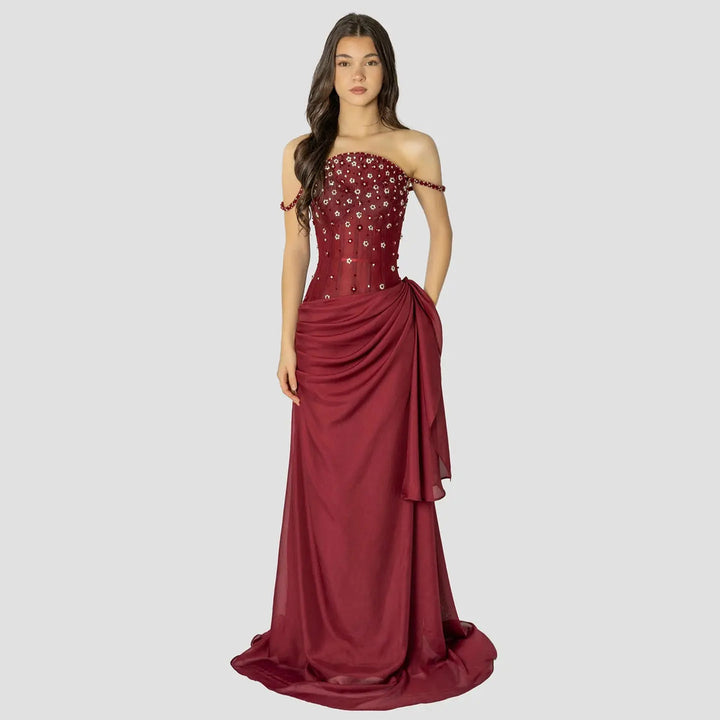 Elegant Wine Red Beaded Ruched Mermaid Gown SS248