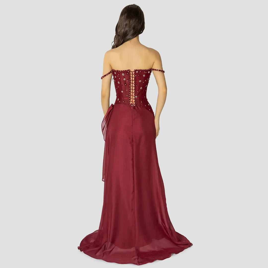 Elegant Wine Red Beaded Ruched Mermaid Gown SS248