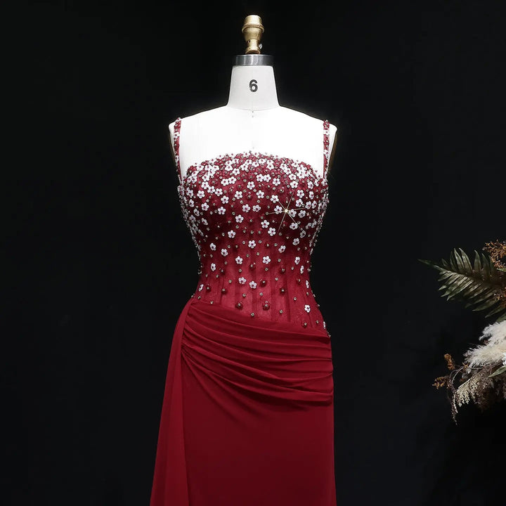 Elegant Wine Red Beaded Ruched Mermaid Gown SS248