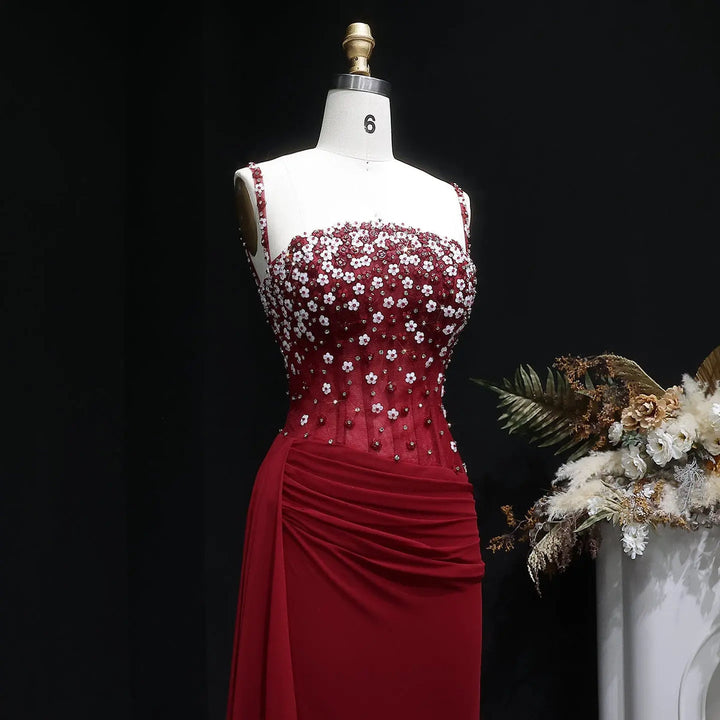 Elegant Wine Red Beaded Ruched Mermaid Gown SS248