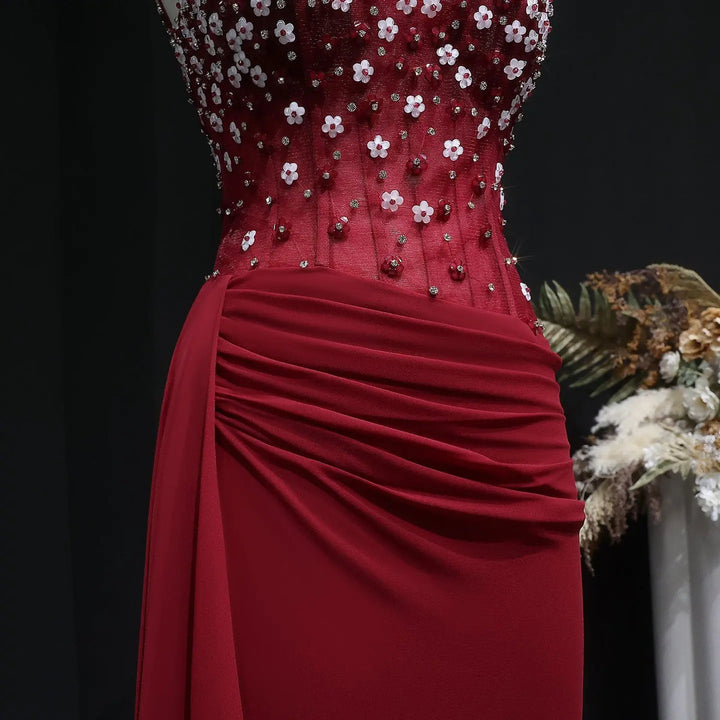 Elegant Wine Red Beaded Ruched Mermaid Gown SS248