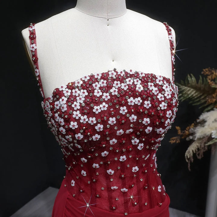 Elegant Wine Red Beaded Ruched Mermaid Gown SS248