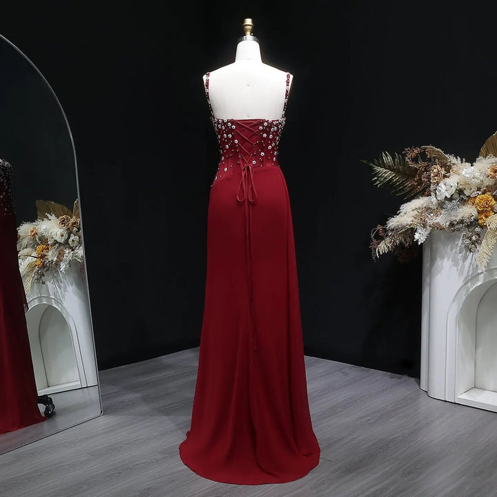 Elegant Wine Red Beaded Ruched Mermaid Gown SS248