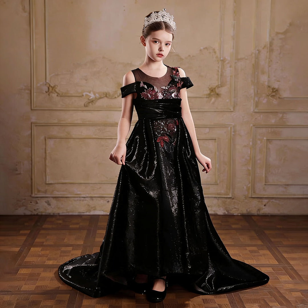 Luxury Black Flower Girl Dress Off Shoulder Sequin Princess Ball Gown with Train J047
