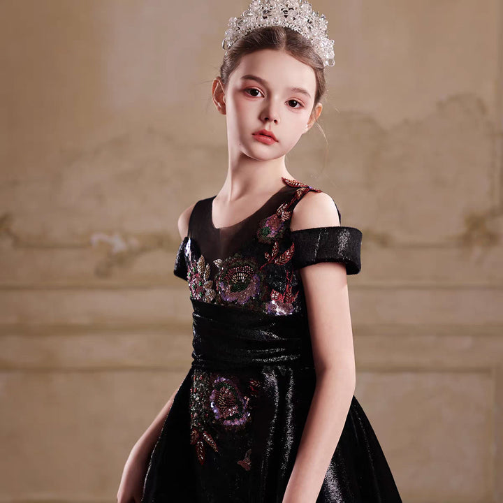 Luxury Black Flower Girl Dress Off Shoulder Sequin Princess Ball Gown with Train J047