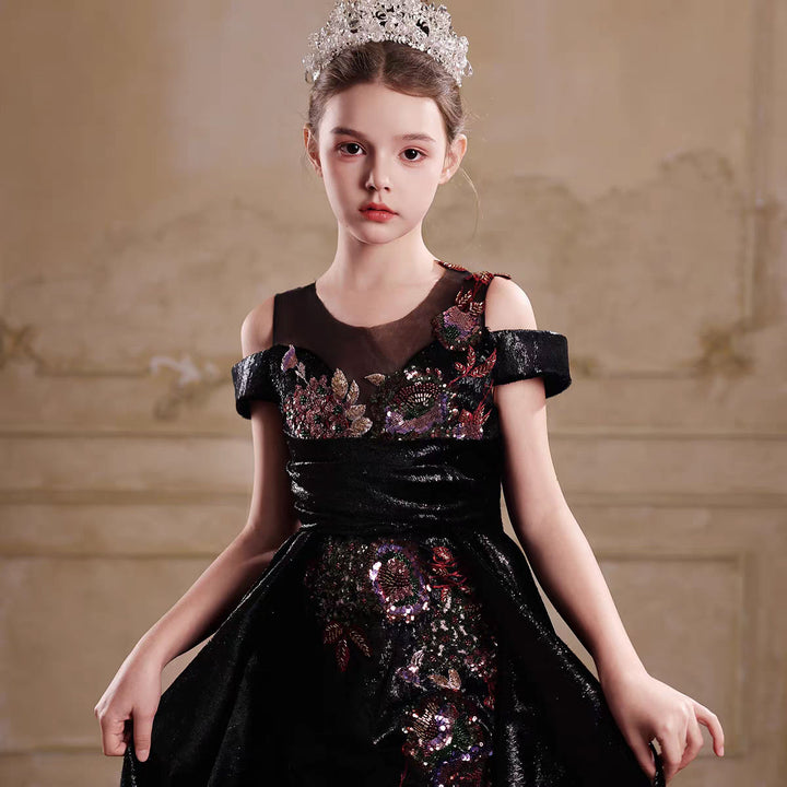 Luxury Black Flower Girl Dress Off Shoulder Sequin Princess Ball Gown with Train J047