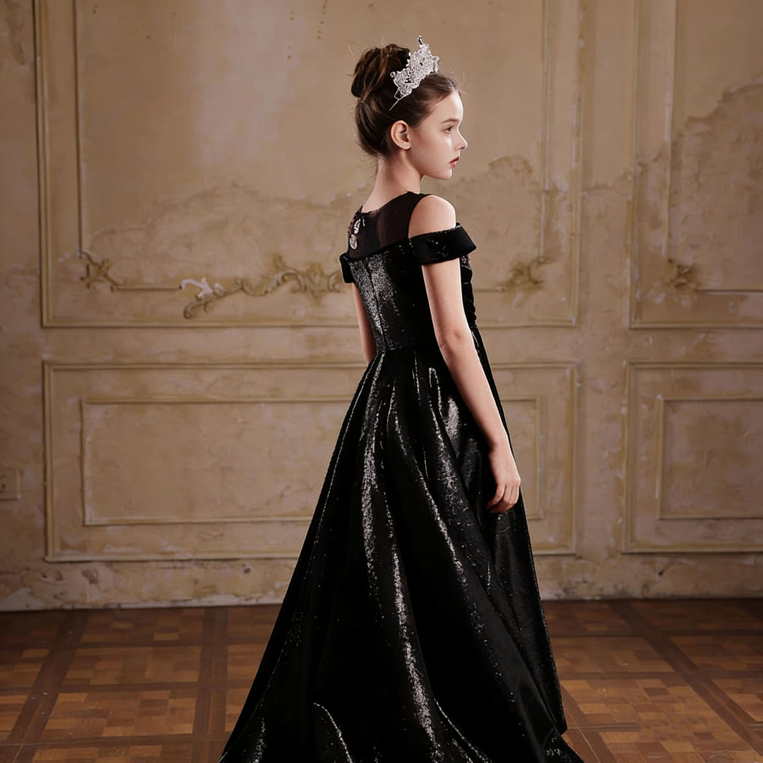 Luxury Black Flower Girl Dress Off Shoulder Sequin Princess Ball Gown with Train J047
