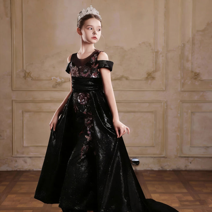 Luxury Black Flower Girl Dress Off Shoulder Sequin Princess Ball Gown with Train J047