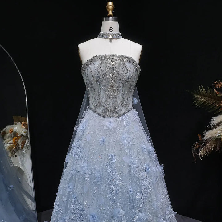 Luxury Blue 3D Floral Appliqué Ball Gown Beaded Evening Dress SS745