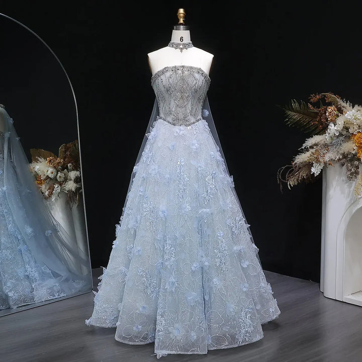 Luxury Blue 3D Floral Appliqué Ball Gown Beaded Evening Dress SS745