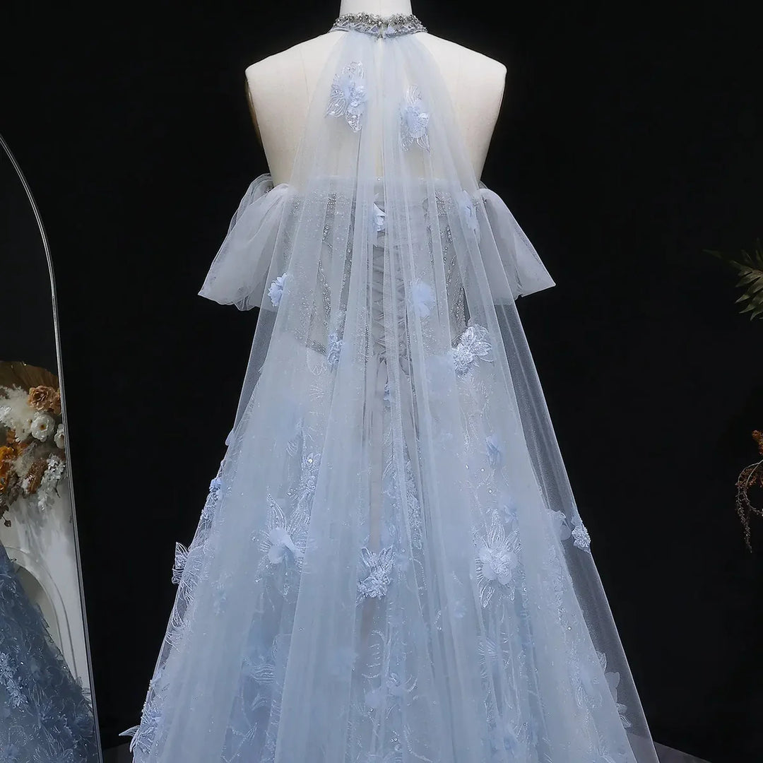 Luxury Blue 3D Floral Appliqué Ball Gown Beaded Evening Dress SS745