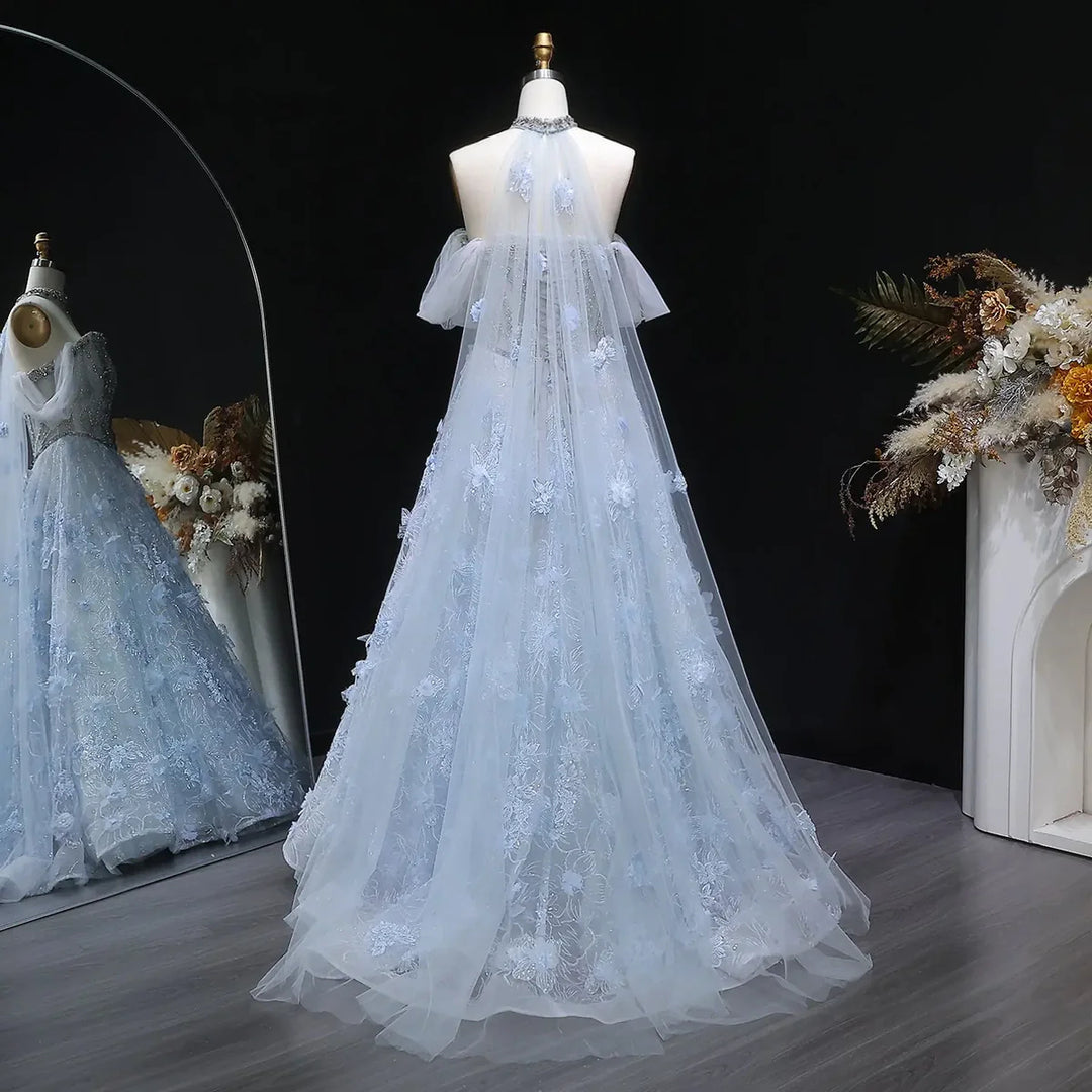 Luxury Blue 3D Floral Appliqué Ball Gown Beaded Evening Dress SS745