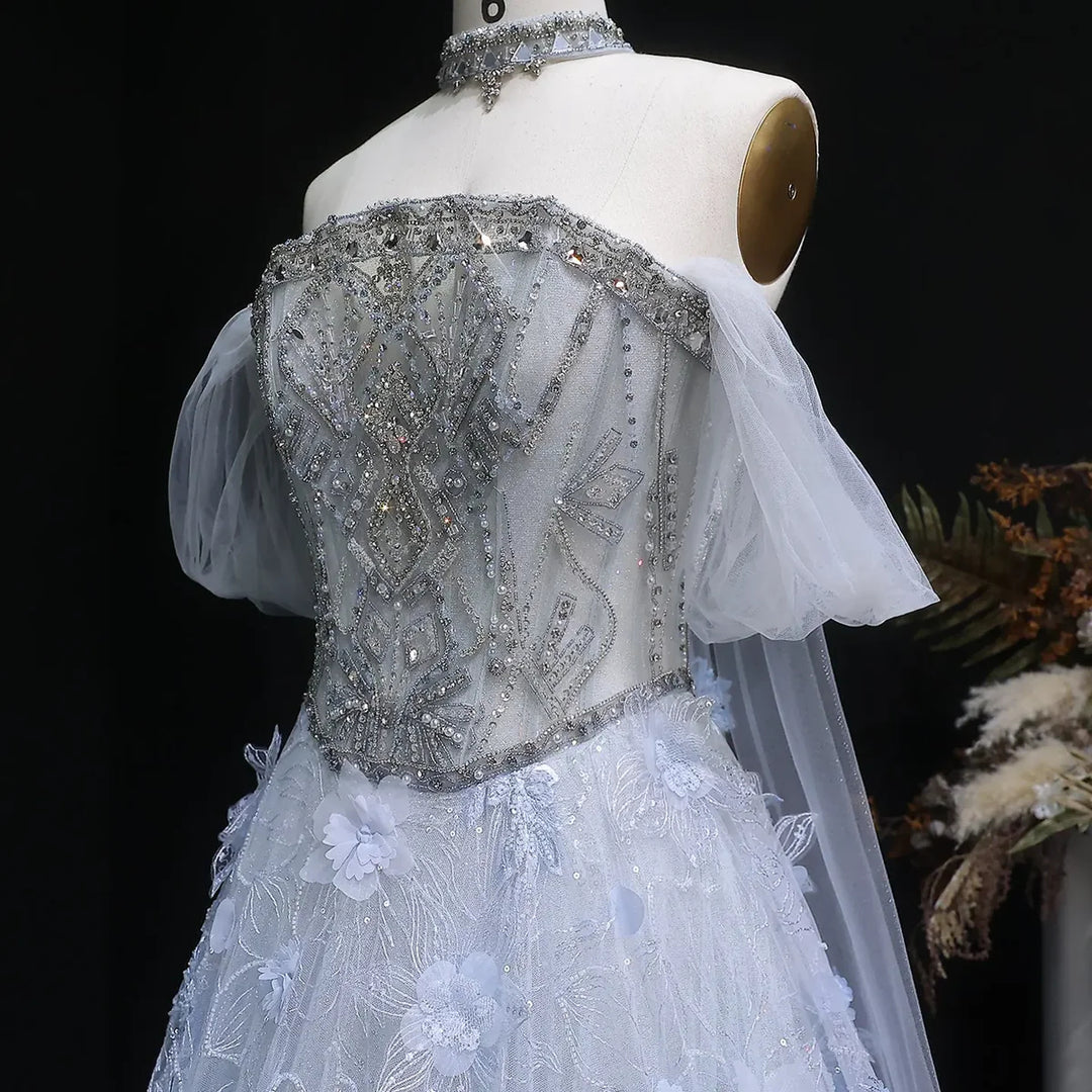 Luxury Blue 3D Floral Appliqué Ball Gown Beaded Evening Dress SS745