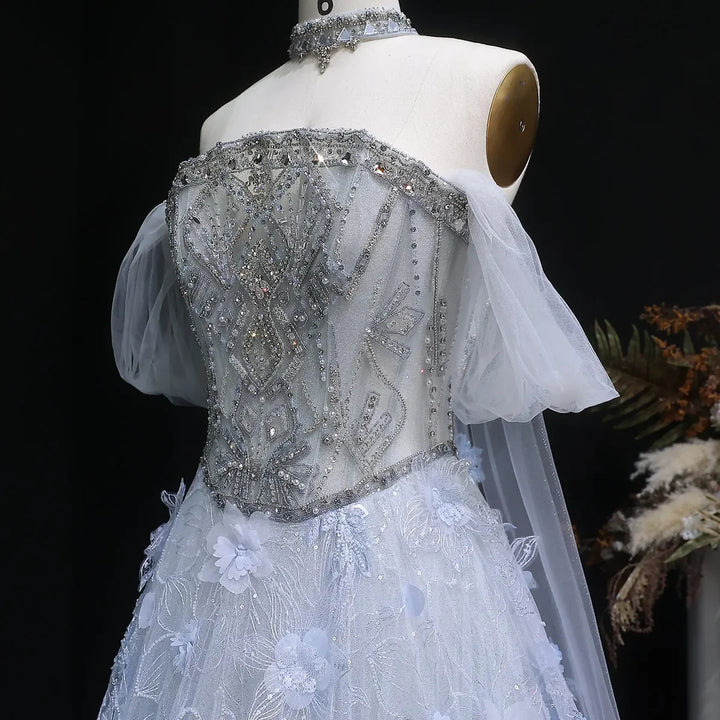 Luxury Blue 3D Floral Appliqué Ball Gown Beaded Evening Dress SS745