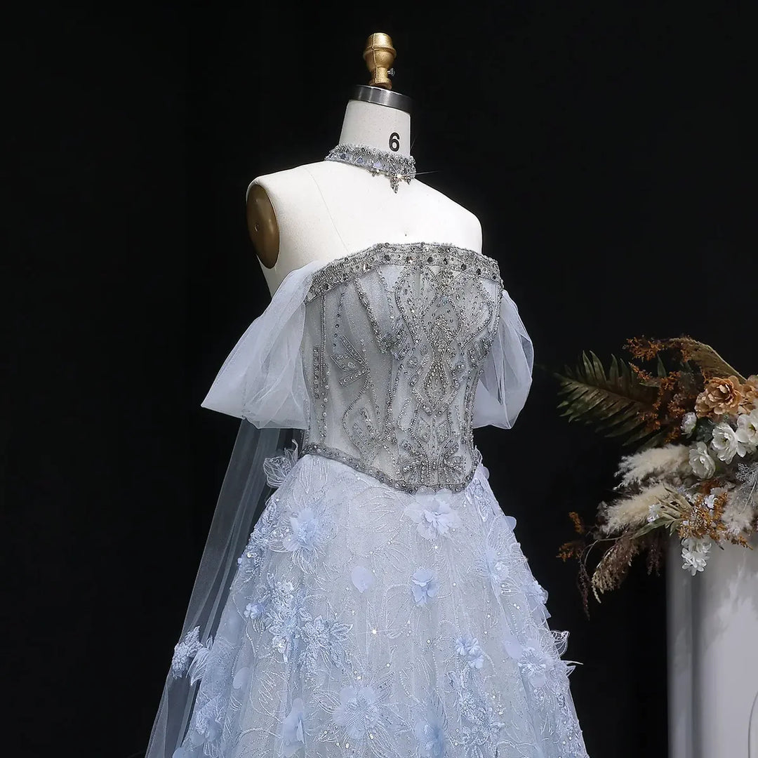 Luxury Blue 3D Floral Appliqué Ball Gown Beaded Evening Dress SS745