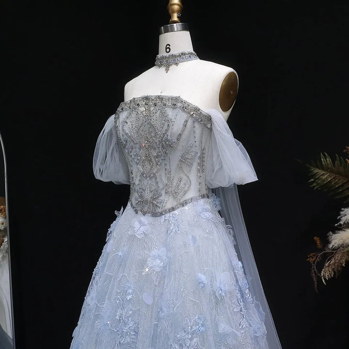 Luxury Blue 3D Floral Appliqué Ball Gown Beaded Evening Dress SS745