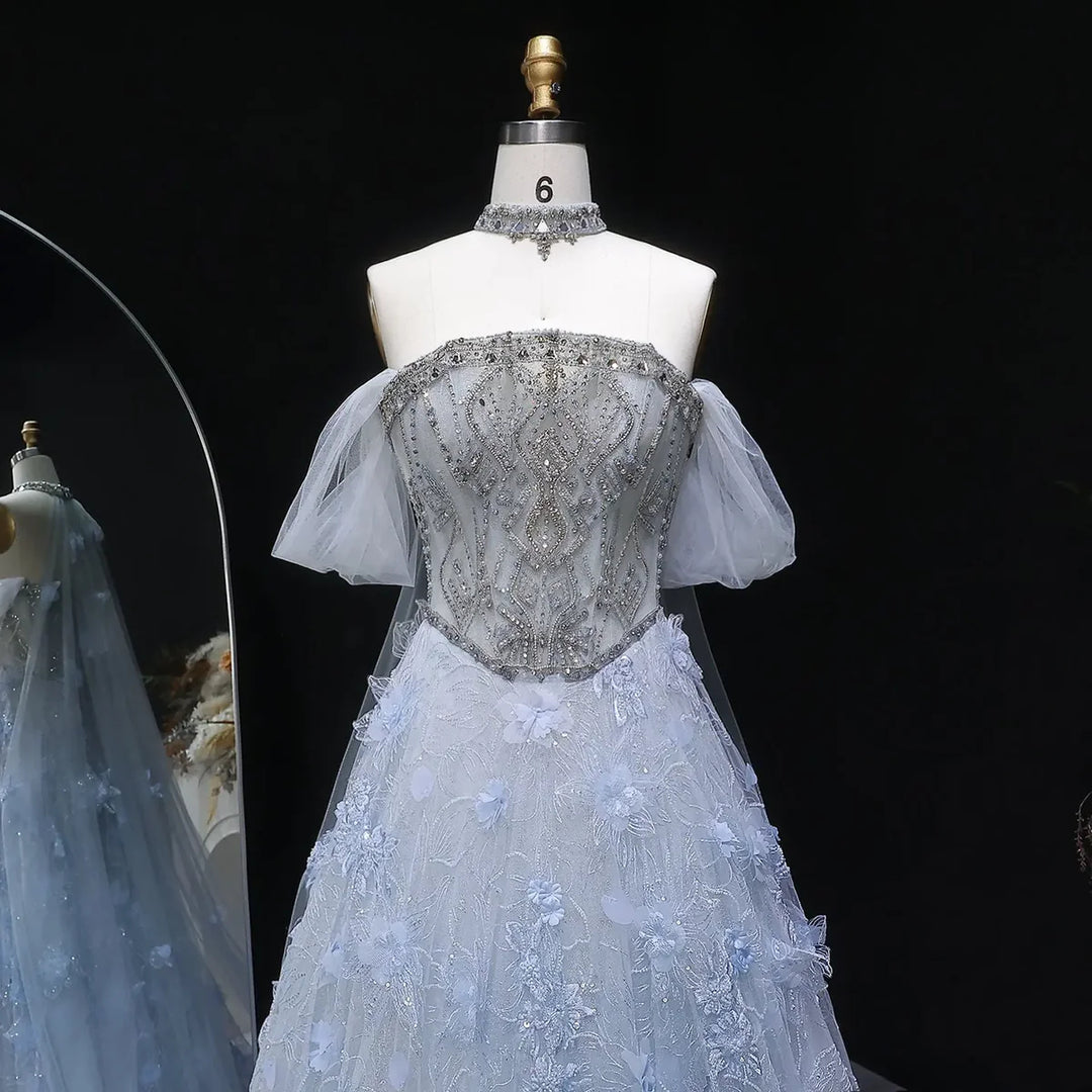 Luxury Blue 3D Floral Appliqué Ball Gown Beaded Evening Dress SS745