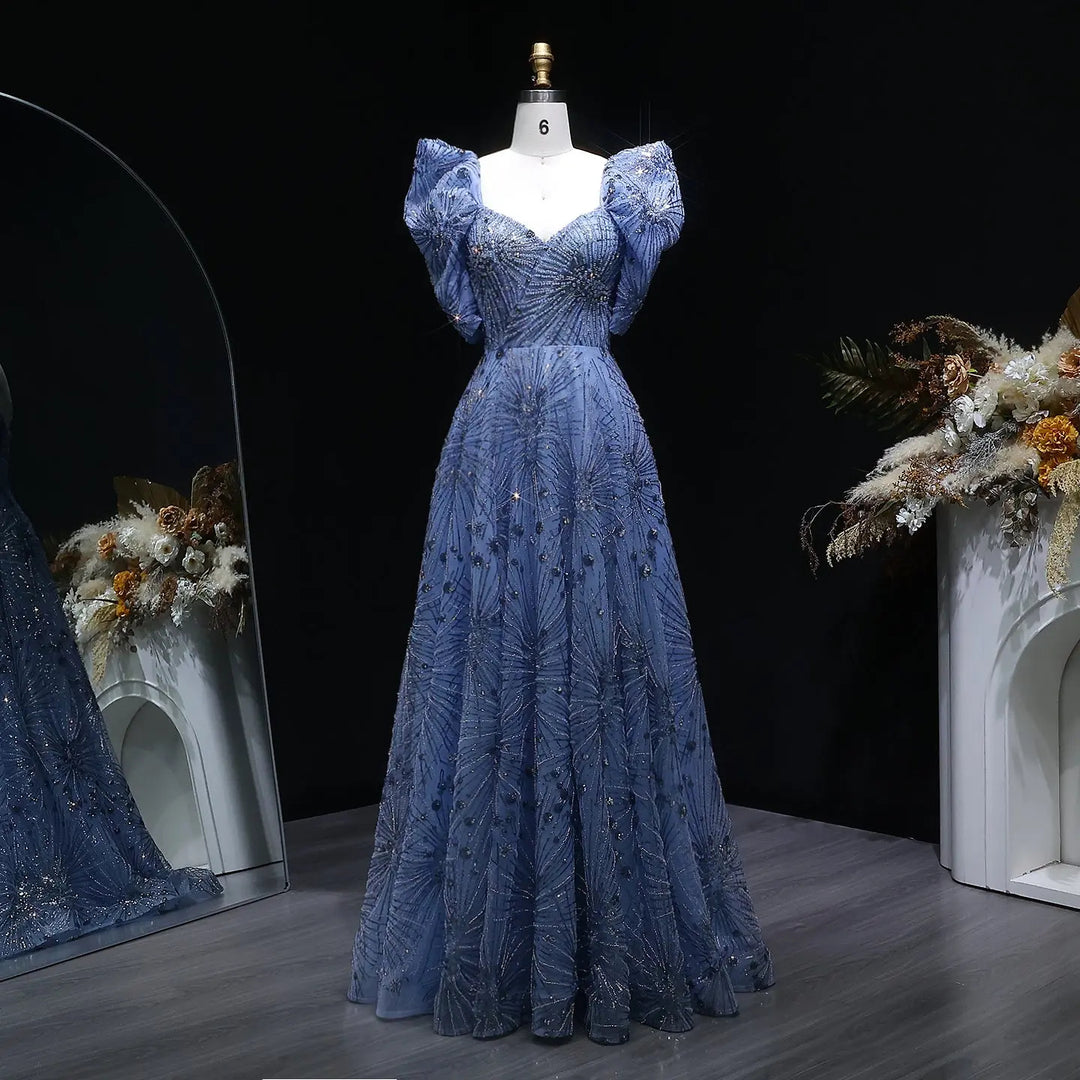 Luxury Blue Beaded Evening Gown with V-Neck Puff Sleeve SS080