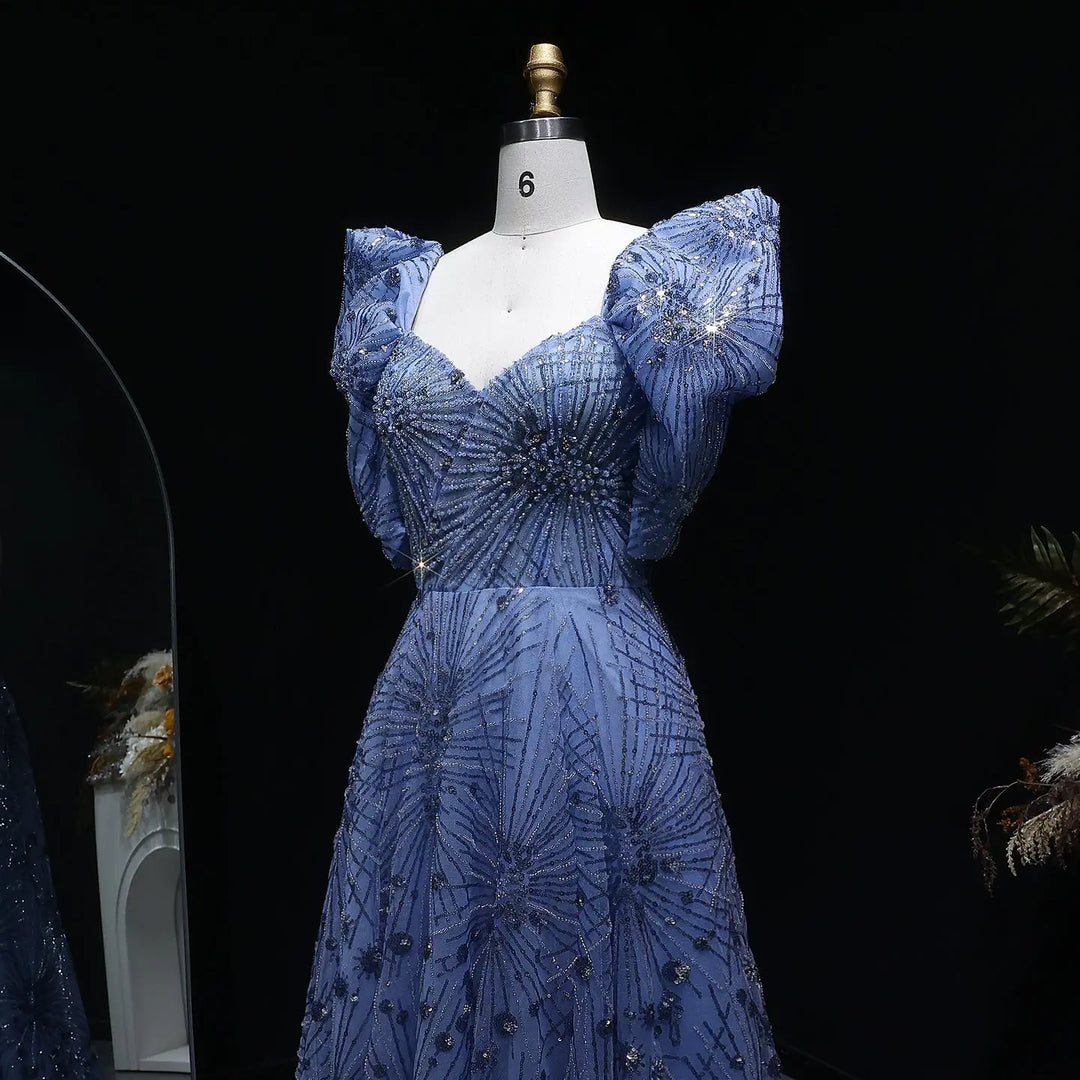 Luxury Blue Beaded Evening Gown with V-Neck Puff Sleeve SS080