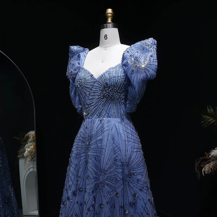 Luxury Blue Beaded Evening Gown with V-Neck Puff Sleeve SS080