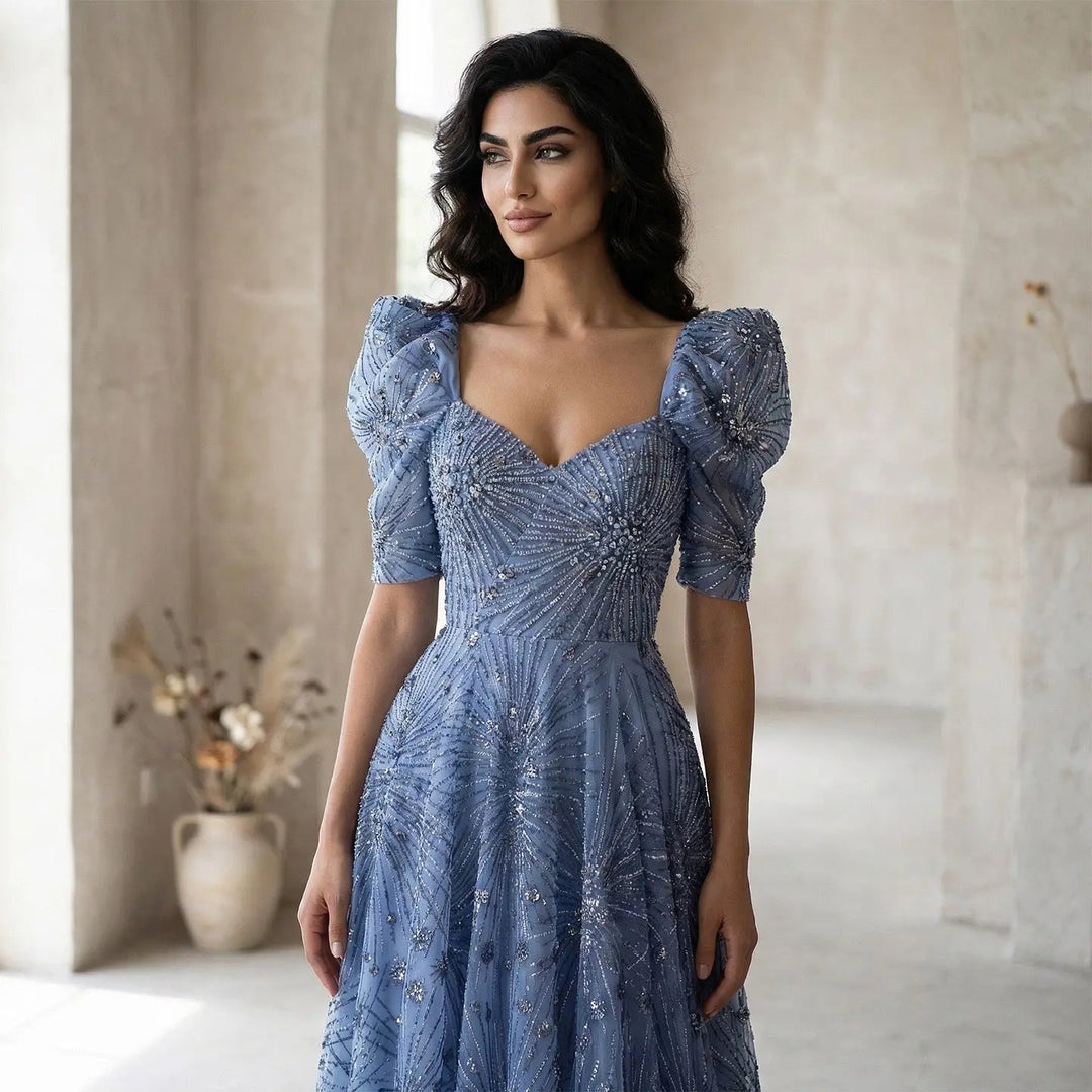 Luxury Blue Beaded Evening Gown with V-Neck Puff Sleeve SS080