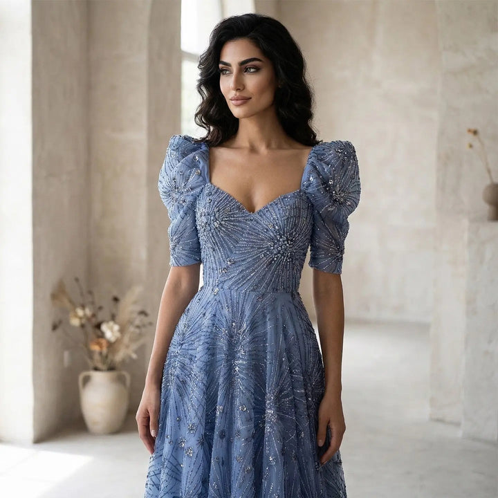 Luxury Blue Beaded Evening Gown with V-Neck Puff Sleeve SS080
