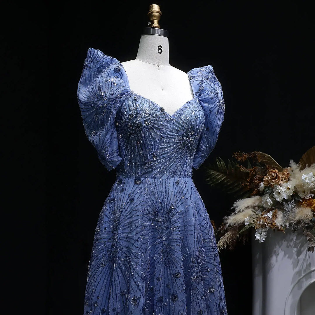 Luxury Blue Beaded Evening Gown with V-Neck Puff Sleeve SS080
