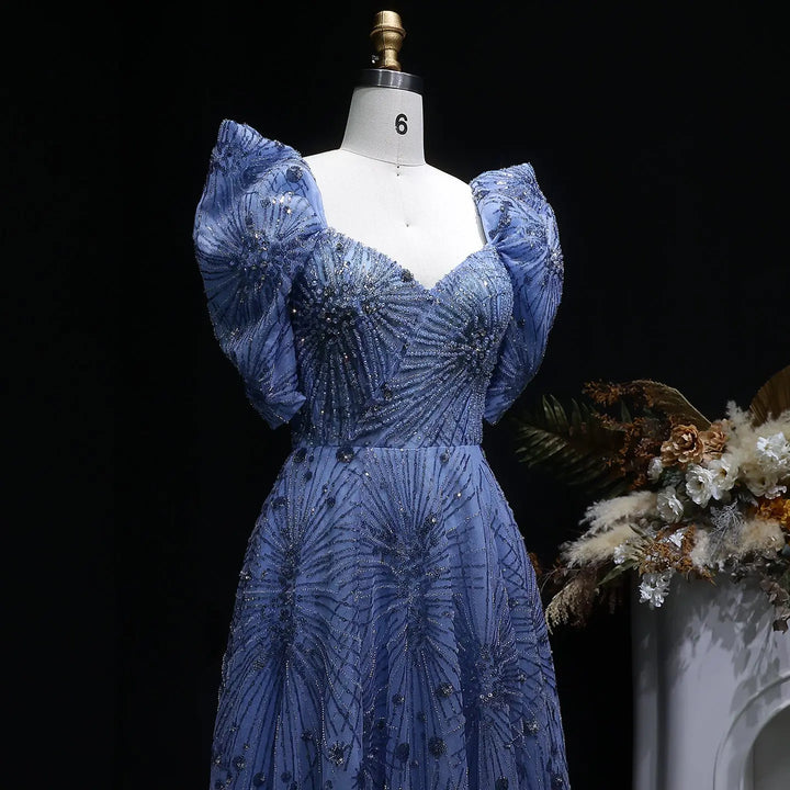 Luxury Blue Beaded Evening Gown with V-Neck Puff Sleeve SS080