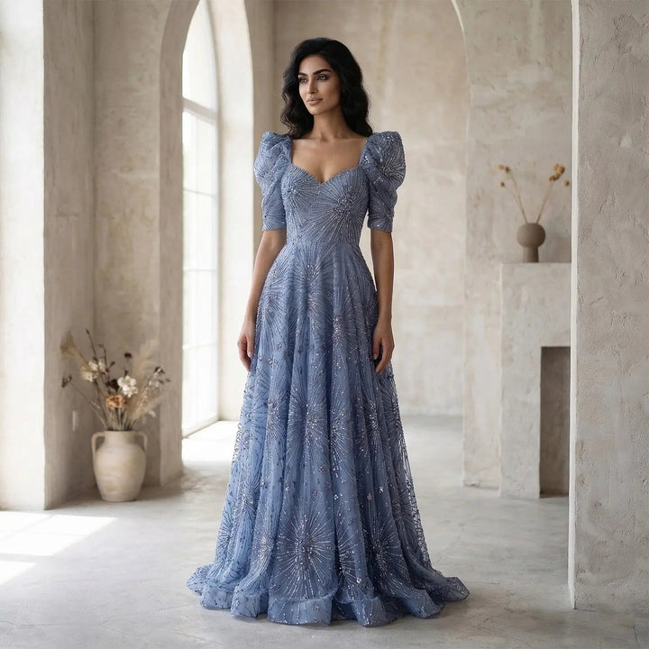 Luxury Blue Beaded Evening Gown with V-Neck Puff Sleeve SS080