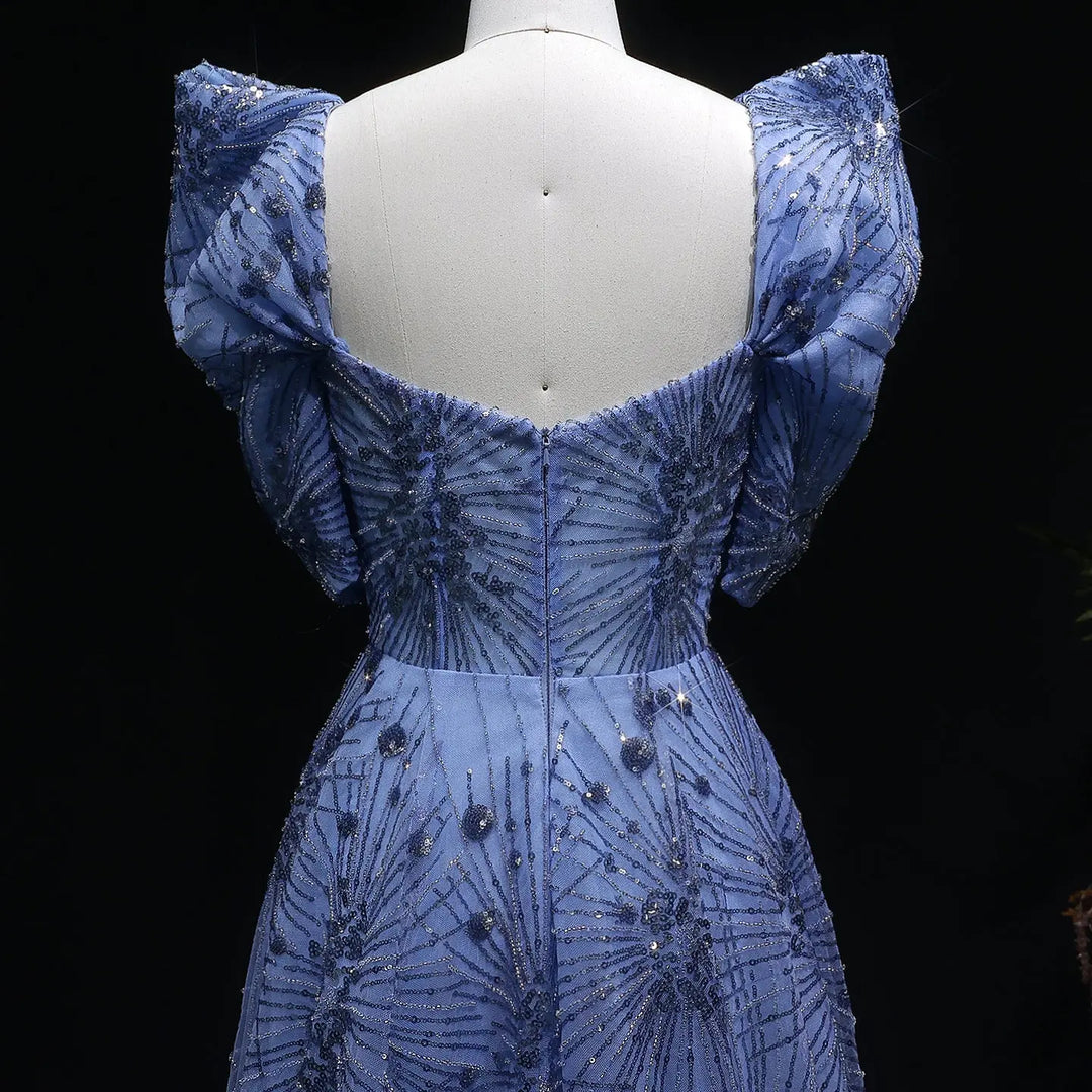 Luxury Blue Beaded Evening Gown with V-Neck Puff Sleeve SS080