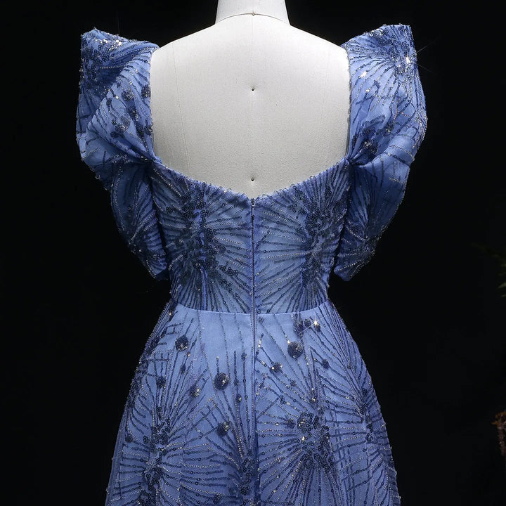 Luxury Blue Beaded Evening Gown with V-Neck Puff Sleeve SS080