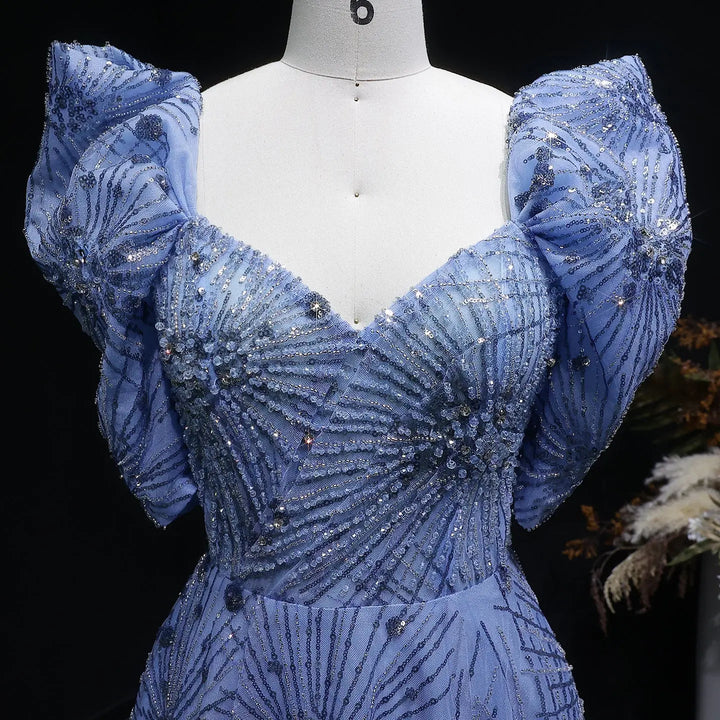 Luxury Blue Beaded Evening Gown with V-Neck Puff Sleeve SS080