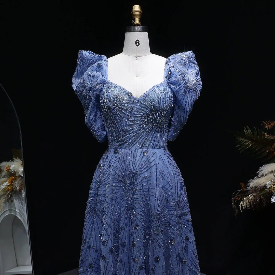 Luxury Blue Beaded Evening Gown with V-Neck Puff Sleeve SS080