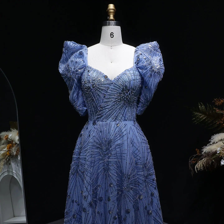 Luxury Blue Beaded Evening Gown with V-Neck Puff Sleeve SS080