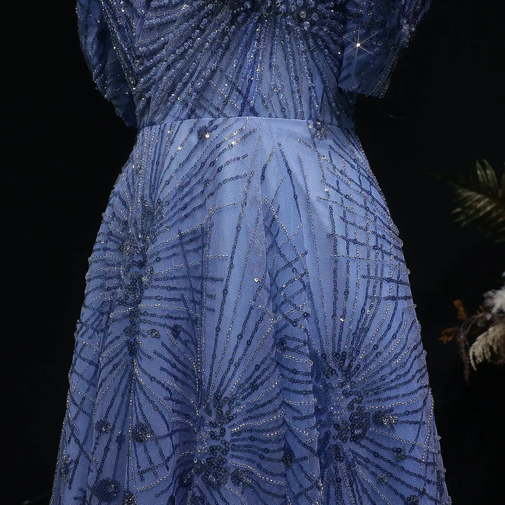 Luxury Blue Beaded Evening Gown with V-Neck Puff Sleeve SS080