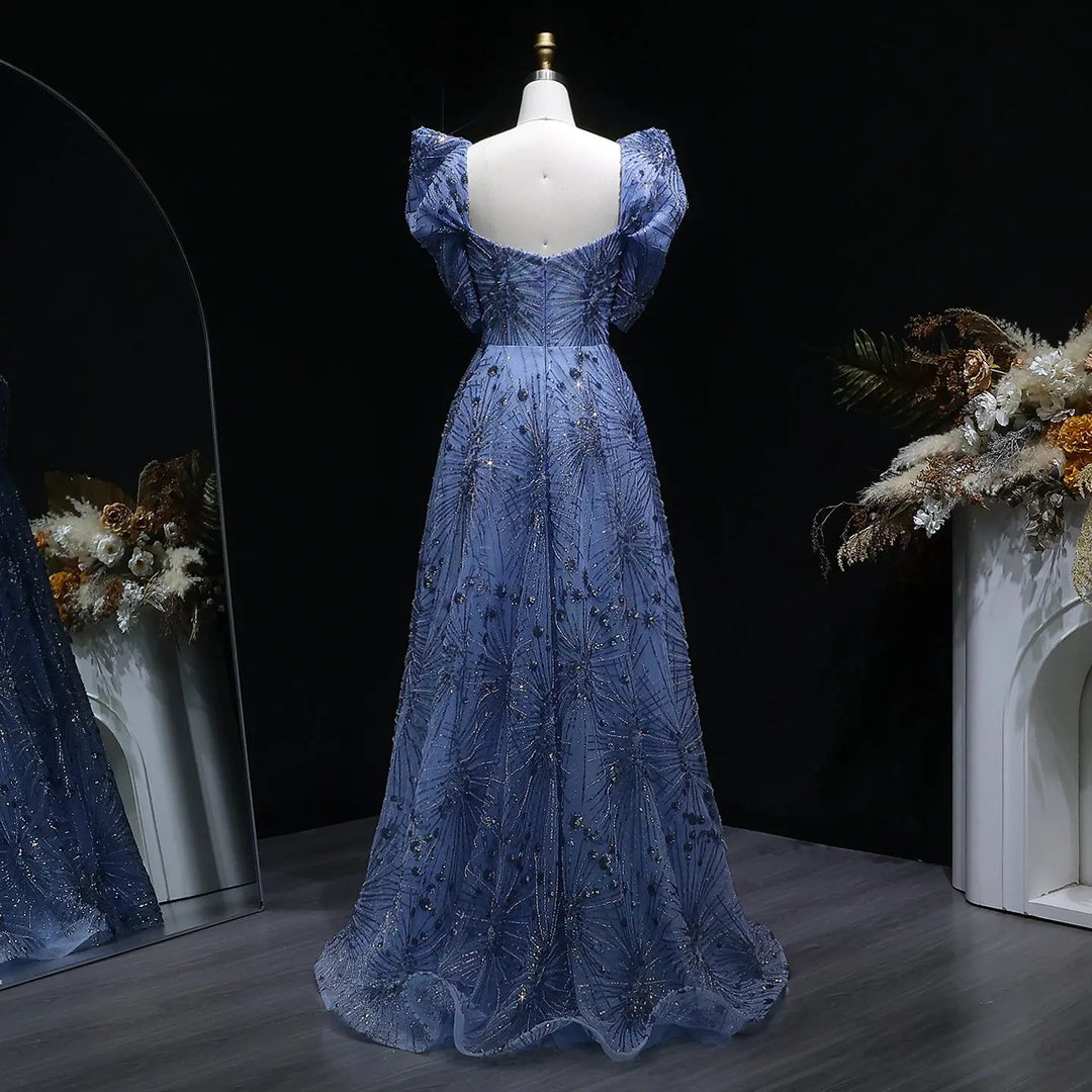 Luxury Blue Beaded Evening Gown with V-Neck Puff Sleeve SS080