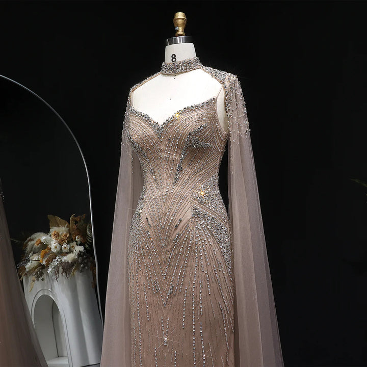 Luxury Blue Crystal Beaded Spaghetti Strap Evening Gown with Cape SS151