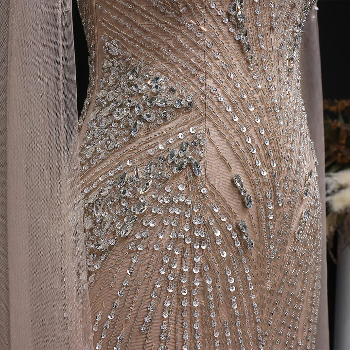 Luxury Blue Crystal Beaded Spaghetti Strap Evening Gown with Cape SS151