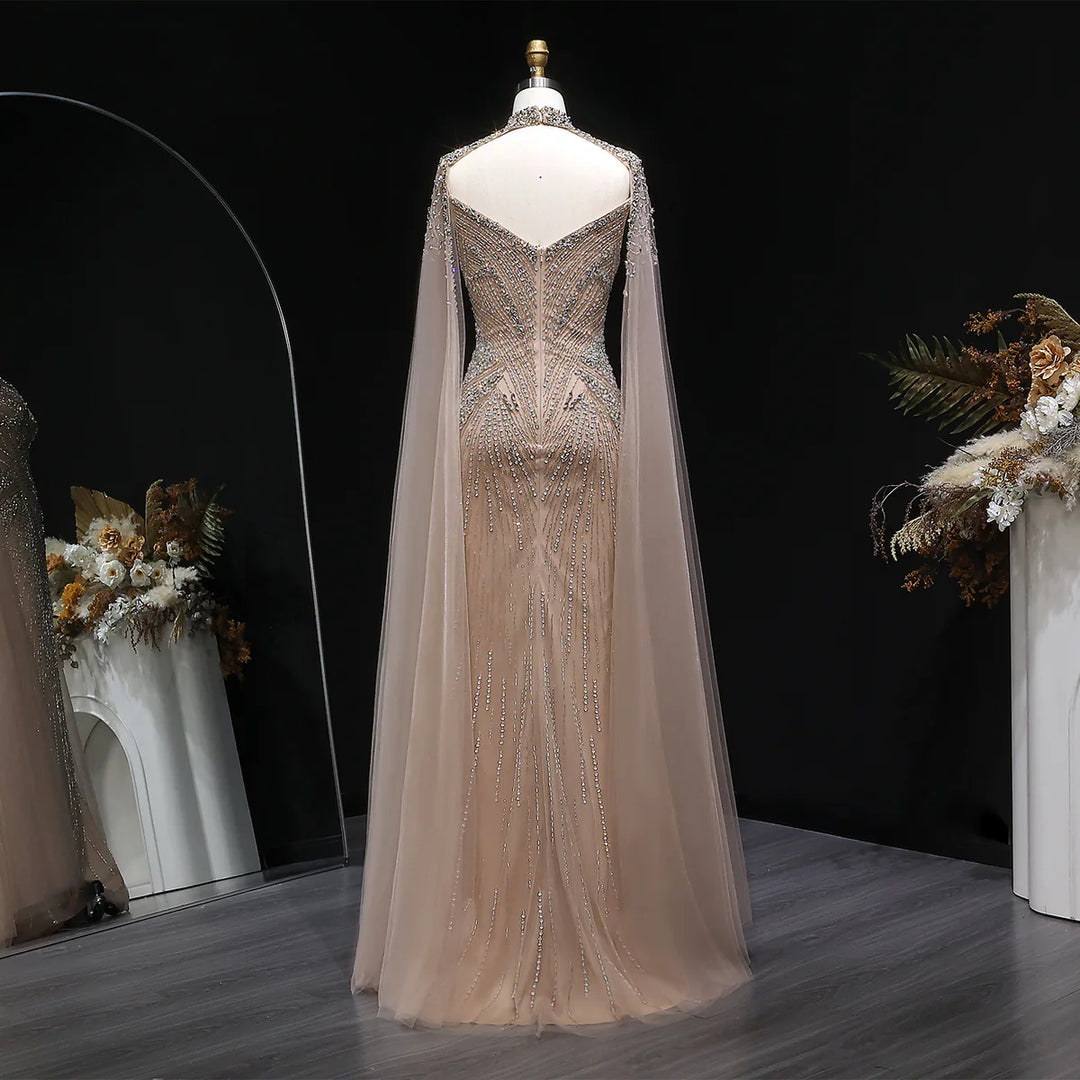 Luxury Blue Crystal Beaded Spaghetti Strap Evening Gown with Cape SS151