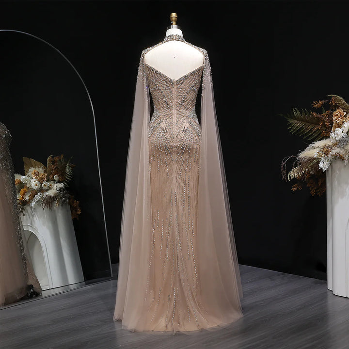 Luxury Blue Crystal Beaded Spaghetti Strap Evening Gown with Cape SS151