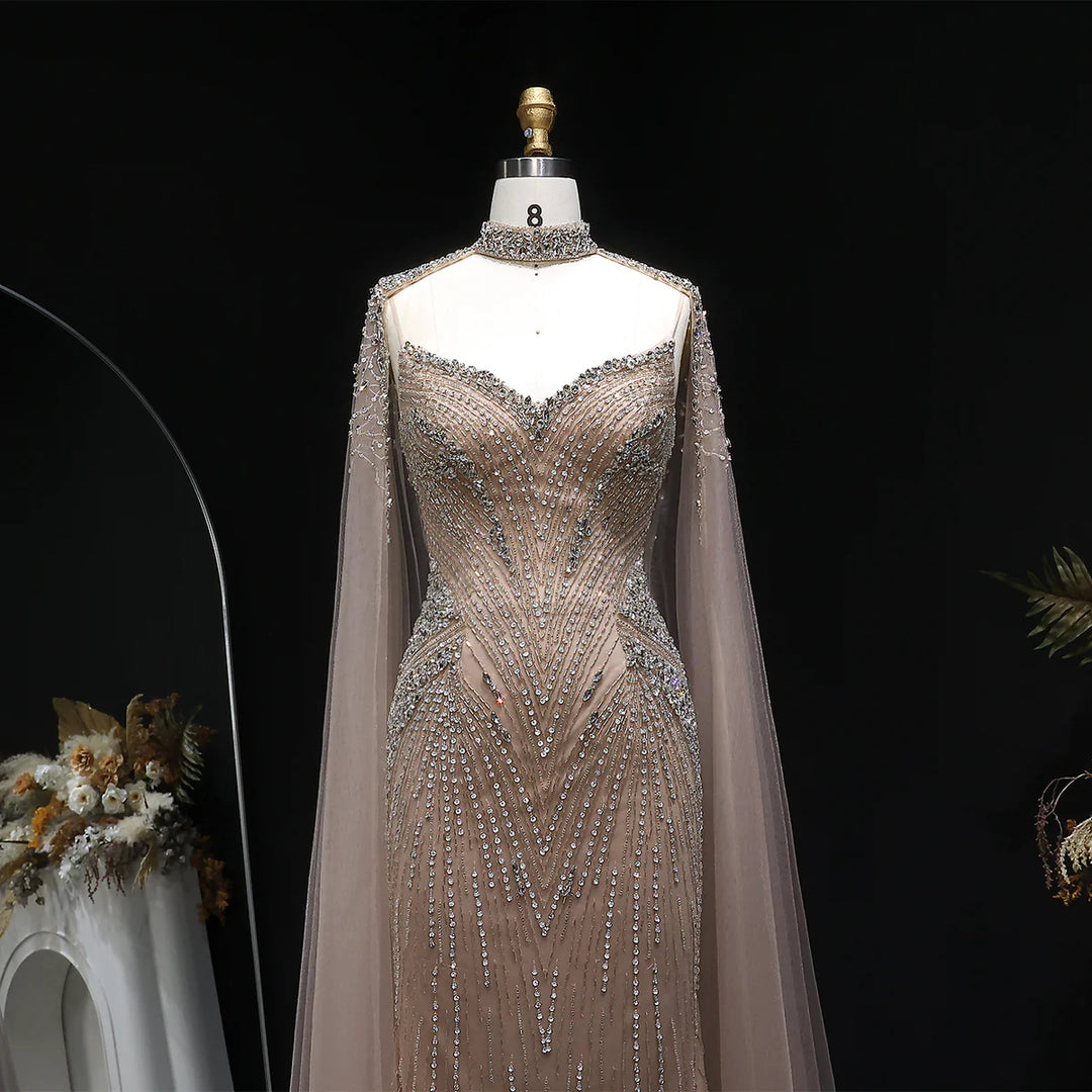 Luxury Blue Crystal Beaded Spaghetti Strap Evening Gown with Cape SS151