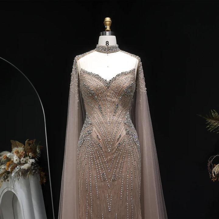 Luxury Blue Crystal Beaded Spaghetti Strap Evening Gown with Cape SS151